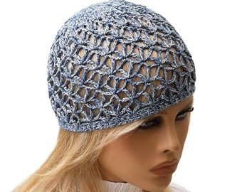 Girl summer hat Net hat Mesh crochet beanie Blue White lace hat Disco hat