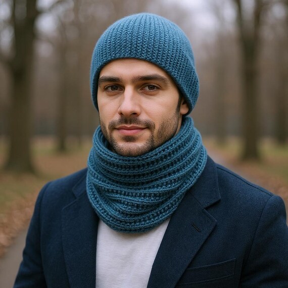 Infinity Wool Scarf Men Alpaca Knit Neck Warmer Navy Blue