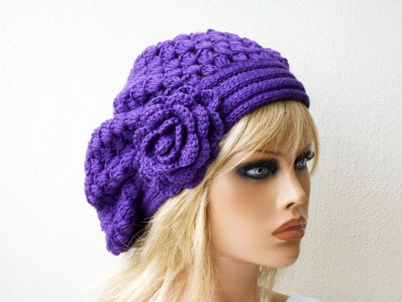 Purple crochet beret Womens knit hat with flower Oversized beret Alpaca wool boho hat Cozy gifts for women image 1