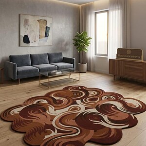 Dywan abstrakcyjny z wełny i bawełny, tkany ręcznie, organiczny, designerski, w ciepłych, ziemistych odcieniach