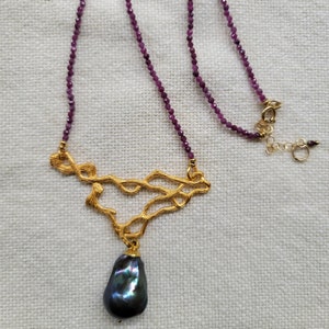 Beautiful Pearl, Ruby, and Gold Necklace - LARGE Baroque Pearl