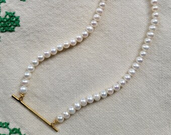 Pearl/Gold Bar Choker Necklace - WHITE