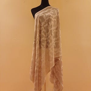 Taupe Jacquard Wool Silk Shawl, Floral Beige Wrap, Winter Scarf