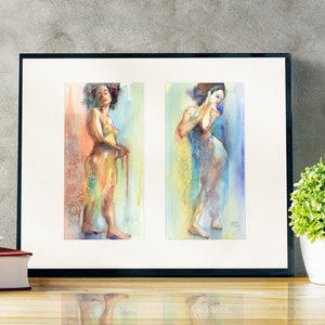 Vestidos azules y amarillos. Serie "Lady Aquarelle". Presentación de dos imágenes MATTED. Figura femenina en el arte. Acuarela sensual.