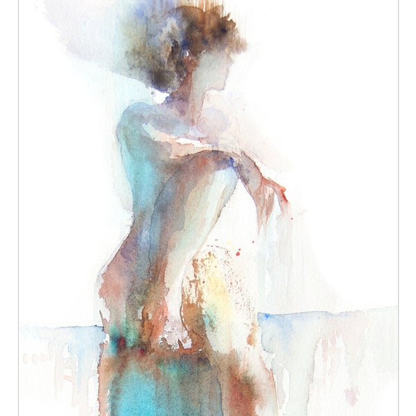 Cerulean Blue, Lady Aquarelle series, MATTED Giclee wall art print. Painting. Female figure in art. Watercolor painting.