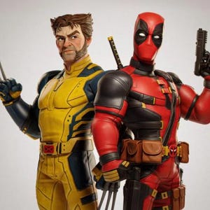 Può includere: Due statuette di supereroi: Wolverine in un costume giallo e blu con artigli estesi, e Deadpool in un costume rosso e nero, che tiene una pistola. Entrambe le figure sono molto dettagliate e sono fianco a fianco.