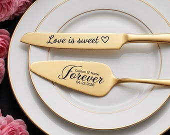 Juego de pala para pastel de bodas personalizado, juego de cuchillos para cortar pastel grabados, regalo de boda con nombre personalizado, pala para pastel dorada