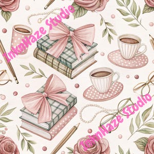 Books Coffee Seamless Pattern, Digital Download, Book Lover Design, Fall Autumn Cozy PNG, Commercial Use, Pink Roses