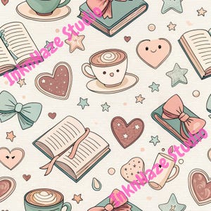 Books Coffee Seamless Pattern, Cute Kawaii Heart Star Digital Paper, Fall Cozy Season Pattern, Girly Book Fabric Design, PNG Commercial Use