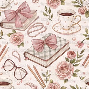 Books Coffee Seamless Pattern Digital, Girlie Fabric Design, Pink Floral Cozy PNG, Fall Stationery, Bookish Aesthetic, Commercial Use