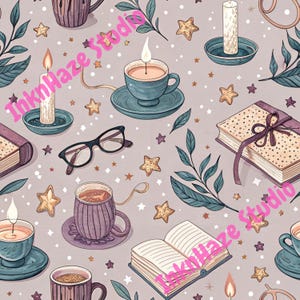 Cozy Reading Digital Paper, Books and Coffee PNG, Girlie Seamless Pattern, Commercial Use, Book Fabric Design, Fall Seamless Pattern 300 DPI