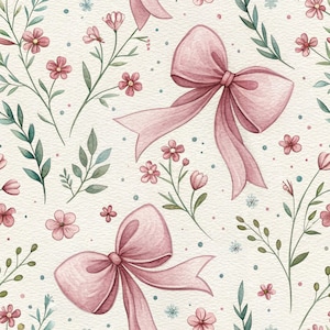Pink Bow Floral Seamless Pattern, Watercolor Ribbon Repeat, Digital Paper, Girly Background, Printable Fabric, Cute Scrapbooking Paper
