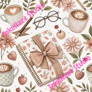 Digital Fall Cozy Pattern PNG, Book Coffee Seamless Repeat Pattern, Planner Girlie Pattern, 300 DPI for Commercial Use