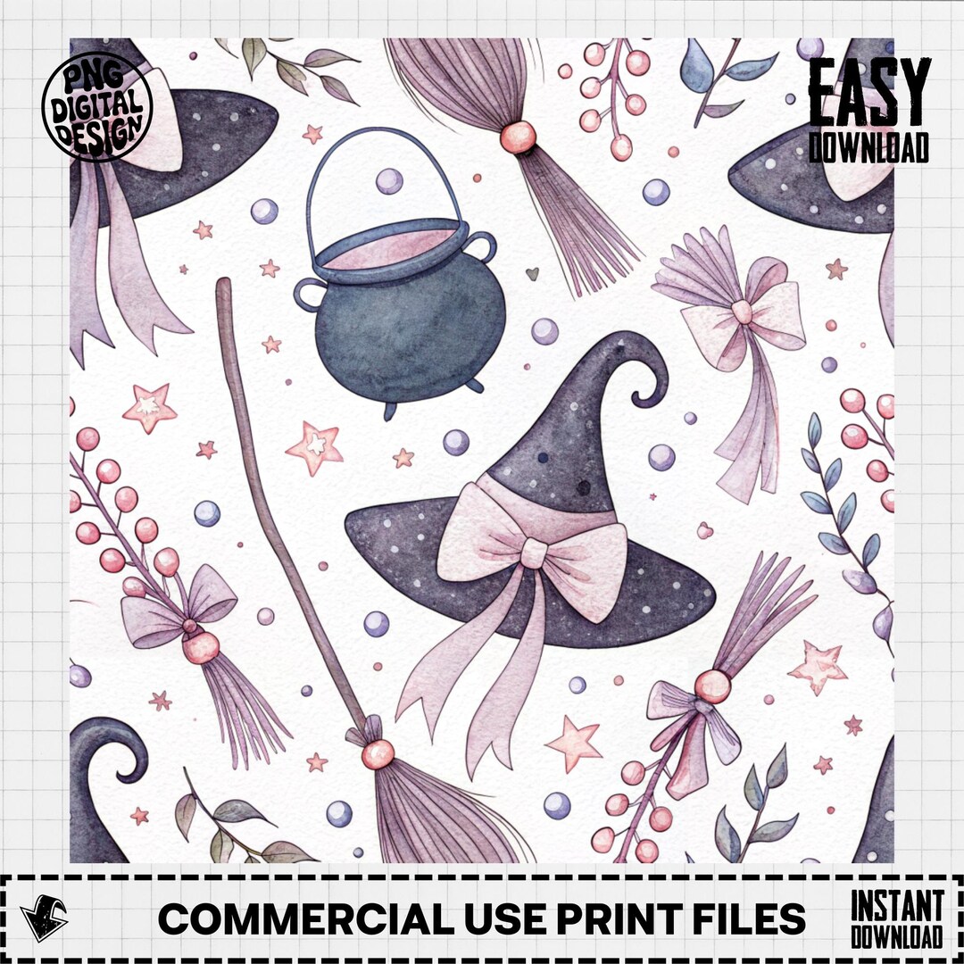 Watercolor Witch Seamless Pattern, Halloween Digital Paper (PNG ...