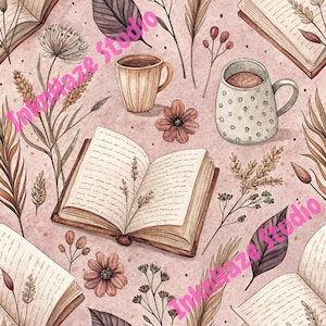 Book and Coffee Digital Paper, Cozy Season Pattern, 300 DPI PNG Download, Commercial Use, Bookish Girlie Aesthetic, Seamless Texture