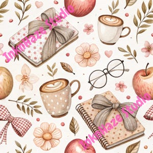 Cozy Book and Coffee Digital Paper, Watercolor Seamless Pattern, Fall Themed PNG, Girlie Pattern, Book Fabric Design, Commercial Use