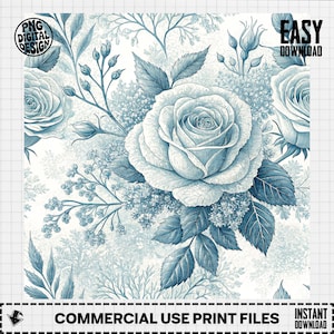 Blue Floral Seamless Pattern Digital Paper, Vintage Rose Repeat Pattern, 300 DPI, Instant Download, Commercial Use, Floral Design