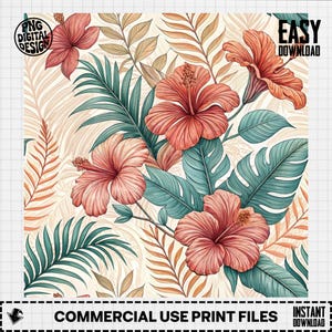 Hibiscus Floral Seamless Pattern, Tropical Digital Paper, Summer Print, 300 DPI, Instant Download, Commercial Use, Digital Product