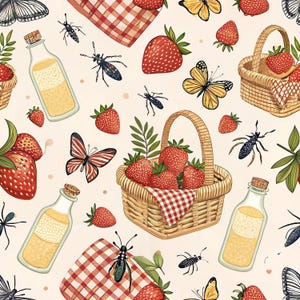 Strawberry Seamless Pattern Digital, Cute Fruit Printable, Summer Paper Pack, PNG Instant Download, Picnic Theme Design