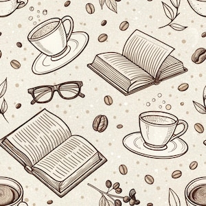 Books and Coffee Digital Paper, Cozy Pattern PNG, Book Fabric Design, Fall Seamless Pattern, 300 DPI PNG Download, Commercial Use