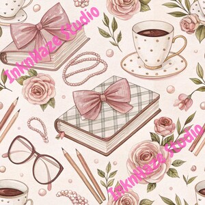 Book and Coffee Digital Seamless Pattern, Girly Bookish Design, Cozy Fall Pattern, Book Fabric Design, 300 DPI PNG, Commercial Use