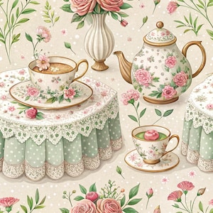 Floral Tea Party Seamless Pattern, Teacup Teapot repeat, Watercolor Rose Digital Paper, Printable Background, Fabric Design, 300 DPI