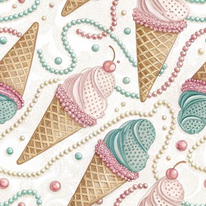 Ice Cream Cone and Pearls Seamless Pattern, Kawaii Ice Cream repeat, Food Digital paper background, Sweet treat, Summer print, PNG, 300 DPI