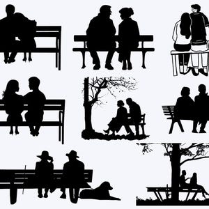 Puede incluir: Una colección de ilustraciones en silueta negra que representan parejas e individuos sentados en bancos de parque. Las imágenes varían en estilo, mostrando diferentes poses y entornos, incluso bajo árboles y con un perro.