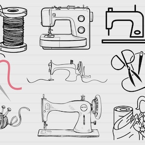 Puede incluir: Ilustraciones de costura dibujadas a mano. La imagen incluye una bobina de hilo, máquinas de coser, una aguja e hilo, tijeras, lana con agujas y una persona cosiendo tela.