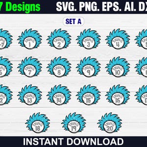 May include: A digital design set featuring 20 blue and white "Thing" designs, each with a unique number from 1 to 20. The text "87 Designs" and "Instant Download" are also visible. The designs are available in SVG, PNG, EPS, AI, and DXF formats.
