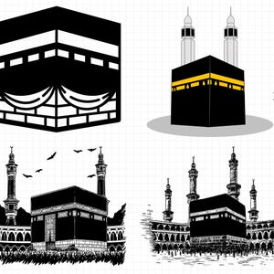 Pode incluir: Coleção de ilustrações em preto e branco da Kaaba, estrutura cúbica em Meca. Algumas imagens incluem minaretes e detalhes arquitetônicos. Formatos PNG, JPG e SVG disponíveis.