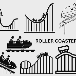 Puede incluir: Ilustraciones en blanco y negro de montañas rusas en varios diseños. La imagen incluye montañas rusas subiendo y bajando colinas, con el texto "ROLLER COASTER SVG" en el centro.
