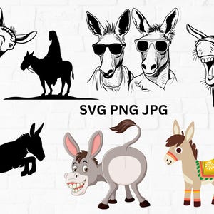 May include: Collection of donkey illustrations in various styles. Includes black and white line drawings of donkeys with sunglasses, a donkey silhouette, and a cartoon donkey with a big smile. The image also includes the text "SVG PNG JPG".