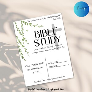 May include: White Bible study invitation with green leaf accents and a cross graphic. The text reads "BIBLE STUDY" and includes details for a weekly gathering. The invitation also includes the text "Digital Download | No physical item."