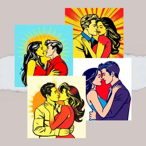 Set of 4 Romantic couple in love, Pop Art Prints – Retro 60s Wall Art, Pop Romantic Gift, Instant Digital Download