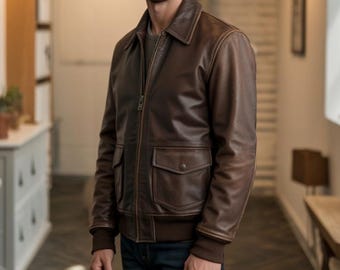 Chaqueta bomber de piel de vaca auténtica para hombre / Chaqueta de aviador estilo vintage / Prenda de abrigo de inspiración militar / Regalo para él / Moda de otoño