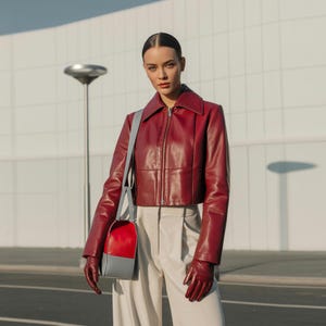 Women’s Vintage Wine Red Leather Lapel Coat – Real Cowhide, Cropped Fit, Wide Collar, Zip Closure, Fall Winter Streetwear Outerwear Jacket