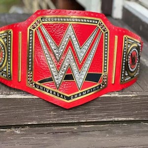 WWE Universal Championship Belt Replica – Real Leather, Gold-Plated Plates, Red belt, Rhinestone Detailing – Handmade for Display or Cosplay
