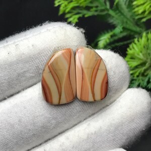 以下が含まれることがあります： クリーム、ピーチ、ブラウンの色合いの、研磨された涙型の宝石が2つ。石には縞模様があり、白い表面に展示されています。これらの宝石は、おそらくジュエリー作りのためのものです。