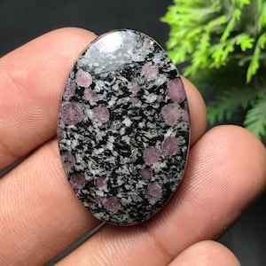 Może przedstawiać: Owalny kamień szlachetny z nakrapianym wzorem czerni, bieli i różu. Wypolerowana powierzchnia kamienia odbija światło, podkreślając kontrastujące kolory i tekstury. Różowe inkluzje są rozproszone.