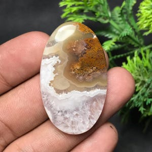 May include: Oval-shaped gemstone with a unique pattern. The stone features a blend of colors, including white, brown, and tan, with a marbled appearance. The polished surface showcases natural variations and textures, making it a distinctive piece.