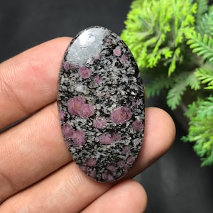 Op de afbeelding: Een ovaalvormige edelsteen met een gespikkelde zwarte en grijze achtergrond, met verschillende levendige roze-rode vlekken. Het gepolijste oppervlak reflecteert licht en benadrukt de natuurlijke patronen en kleuren van de steen. De edelsteen wordt in een hand gehouden.