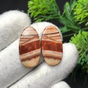May include: Two oval gemstones with a layered pattern of reddish-brown, cream, and white bands. The polished stones are displayed on a white surface, showcasing their natural colours and textures. Suitable for jewellery making.