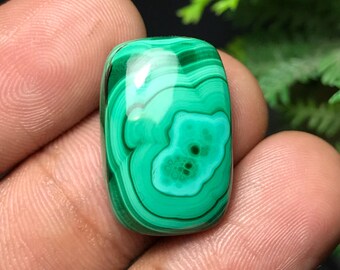 May include: A polished, rectangular malachite gemstone. The stone features a vibrant green color with swirling patterns and concentric circles. The gemstone is held in a hand, showcasing its natural beauty and unique design.