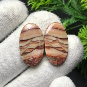 May include: Two polished oval gemstones. The stones feature a layered pattern of tan, cream, and reddish-brown hues. The gemstones are smooth and glossy, with a natural, earthy appearance. They are set against a white background.