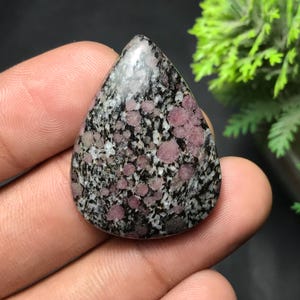 Könnte beinhalten: Ein tropfenförmiger, polierter Edelstein mit einem gesprenkelten Muster aus Schwarz, Weiß und Rosa. Die polierte Oberfläche reflektiert das Licht und hebt die verschiedenen Farben und Texturen hervor. Der Edelstein wird in einer Hand gehalten.