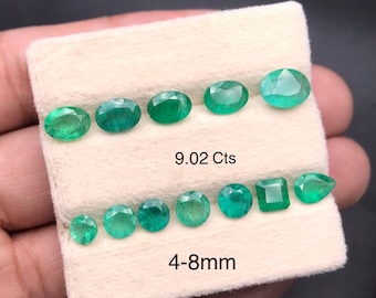 Natural Zambian Emerald Gemstones Lot, 9.02 Carats, Mixed Shapes (4-8mm), 12 Pieces