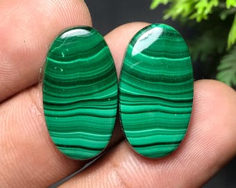 Natural Malachite Pair Cabochon: Oval Gemstone for Jewelry Making (22x12x4mm, 29.50cts) MP-019