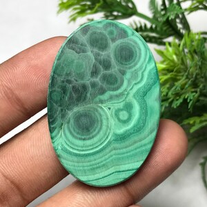 May include: Oval-shaped malachite gemstone with a vibrant green color and unique swirling patterns. The polished surface displays concentric circles and textured areas, creating a natural, eye-catching design. This gemstone is ideal for jewelry making or collecting.