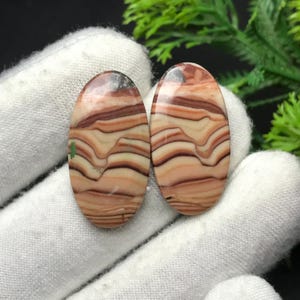 May include: Two oval gemstones with a layered pattern in beige, brown, and reddish-brown. The polished stones have a glossy finish, with a landscape-like pattern. The gemstones are held by a white gloved hand.